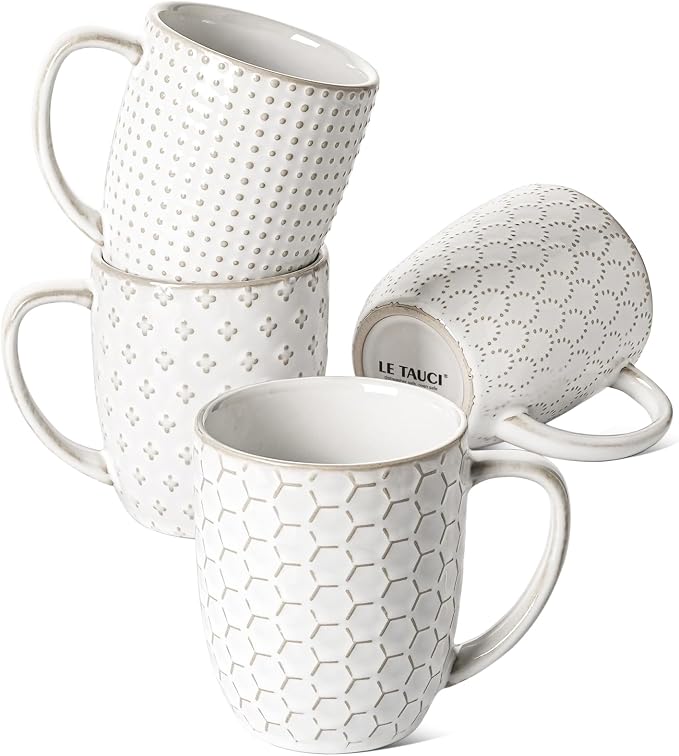 LE TAUCI Coffee Mugs 12 oz, Ceramic Mug Set Set of 4, Embossment Cups for Espresso, Latte, Tea, Cocoa, Cappuccino & Mocha, Dishwasher Oven Microwave Safe - 3.4 inch, Arctic White by LETAUCI