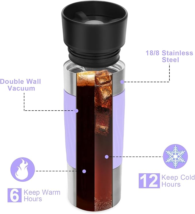 Travel Coffee Mug with 360°Lid, Travel Coffee Tumbler 16 oz Leak Proof, Stainless Steel Insulated Travel Mugs for Hot and Cold Spill Proof Leak Proof(Light Purple) - Image 6