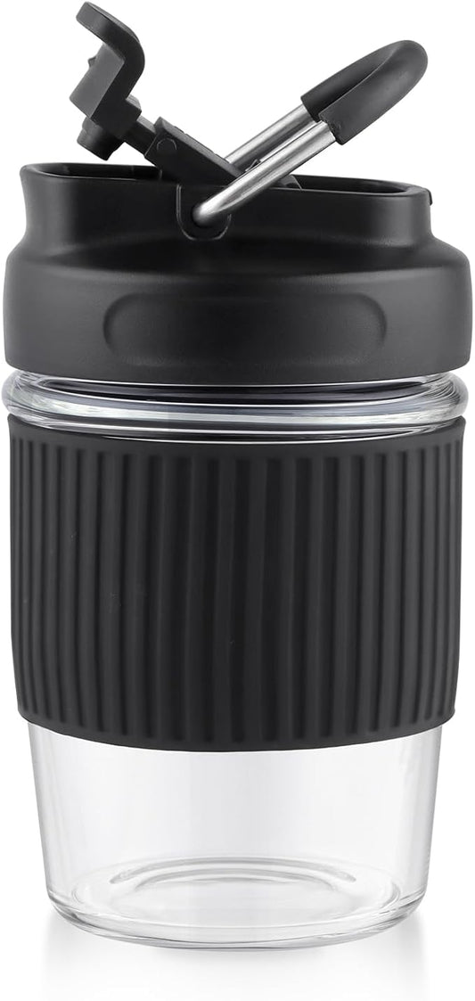 Sivaphe Reusable Glass Ice Hot Coffee Cup 12 oz, Portable Travel Mug with Spill-Proof Lid and Thermal Sleeve for Home Office Black