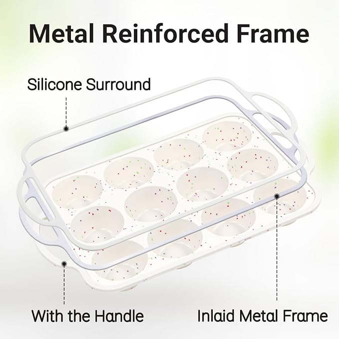 FUNBAKY Silicone Muffin Pans for Baking, Metal Reinforced Frame 12 Cups Regular Size Silicone Cupcake Pan Nonstick Muffin Tin for Baking Muffin, Cupcake, Frittatas,BPA Free, Dishwasher Safe