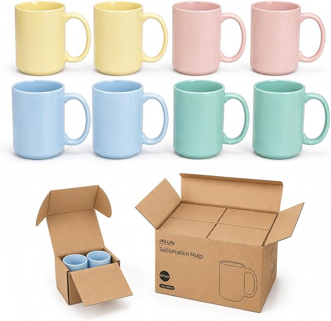 PYD Life 8 Pack Sublimation Mugs 15 OZ Mixed Macaron Colors Ceramic Cups | Sublimation Coffee Photo Mugs, Soft Tone Design Perfect for Gifts, Cafe style Branding and Craft DIY projects by PYDLife