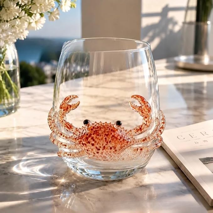 3D Octopuses Stemless Wine Glasses Artisanal Blue Ringed Octopus Glassware Coastal Christmas Home Decor Gift for Ocean Lovers，Crab by Unknown