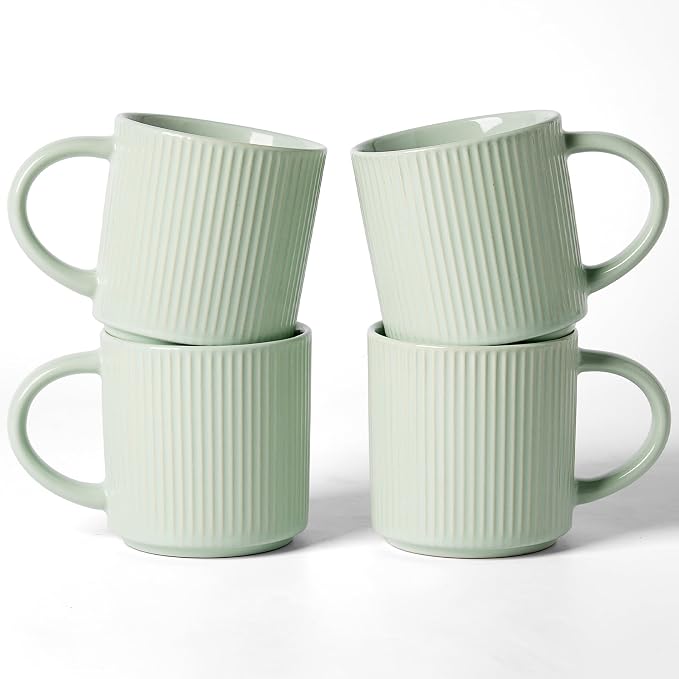 famiware Coffee Mug Set for 4, Star 12 oz Catering Mugs Cup Set with Handle for Coffee, Tea, Cocoa, Milk- Ceramic Stoneware Drinkware Set, Light Green by Famiware