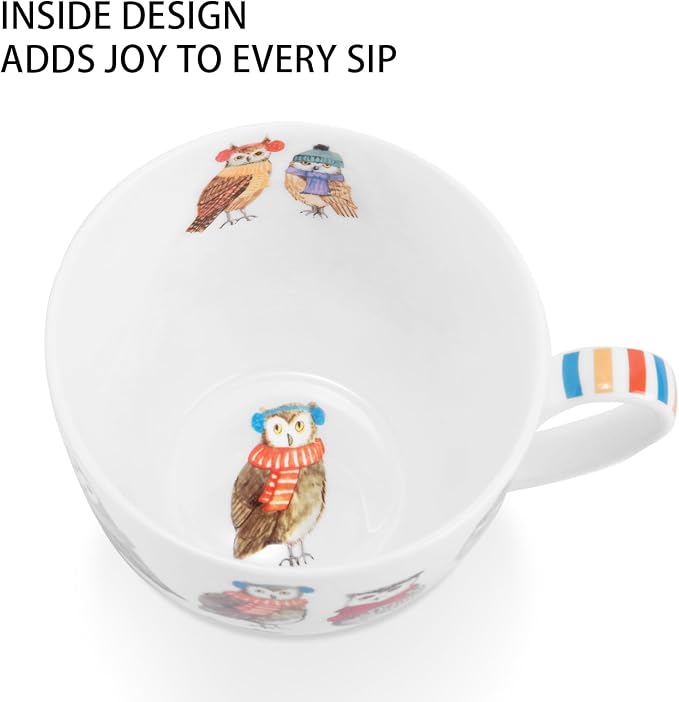 Cute Autumn Owls Coffee Mug, 20 oz Bone China Mugs with Charming Owls in Color Scarves and Hats, Perfect Brithday and Christmas Gift for Bird Enthusiasts, Designed in England by Harvest Green Studio - Image 6