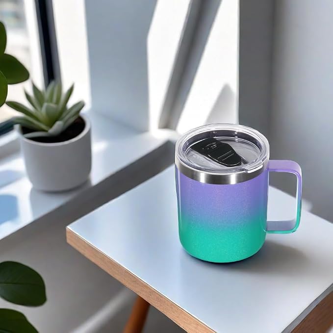 Volhoply 14oz Insulated Stainless Steel Coffee Mug with Lid Bulk 4 Pack,Double Wall Vacuum Travel Coffee Cup with Handle,Reusable Cups Tumbler,Camping Mugs Keep Hot,Ideal Gifts(Purple Green,4) - Image 5