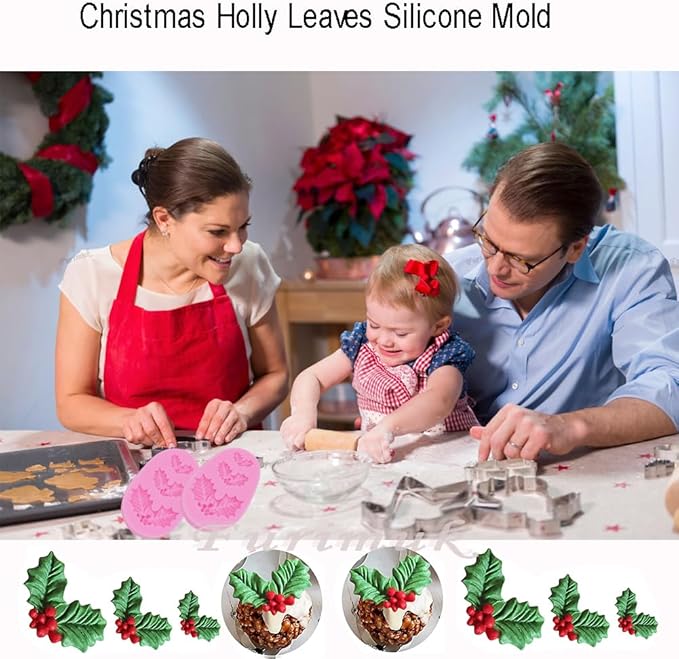 2 Pieces Christmas Holly Leaves Silicone Mold Leaf Shaped Fondant Mold Chocolate Dessert Molds for Baking Chocolate Candy Sugar Cake Decorations Polymer Clay Wax DIY Crafts