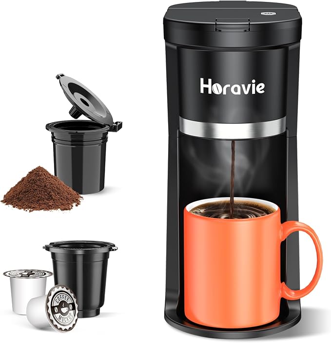 Small Single Serve Coffee Maker, One Cup Coffee Machine for K-Cup & Grounds | Portable Pod Coffee Maker, Fast Brew, 6 to 12 oz. Brew Sizes, One Button Design, Easy for Elder to Use, Space Saving, Black by Unknown