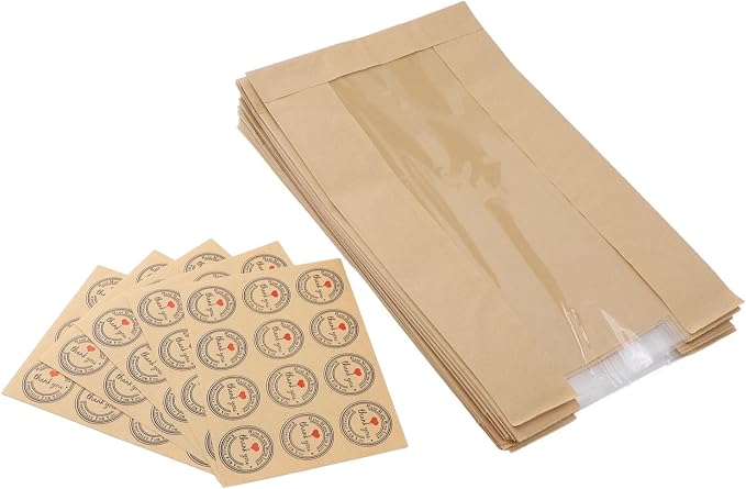 Yosoo 50PCS Bread Bags with Transparent Window Kraft Paper Baked Food Packaging Storage Bags for Homemade Bread Pastry Snacks with 60PCS Sealable Labels (Yellow) - Image 3