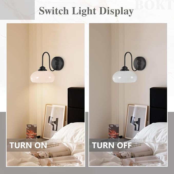 Modern Matte Black Wall Sconce Farmhouse 7.9" Milk White Glass Globe Wall Lamp for Industrial Style Hard-Wired Semi Flush Mount Wall Light Fixture for Stairway, Hallway, Bedroom - Image 4