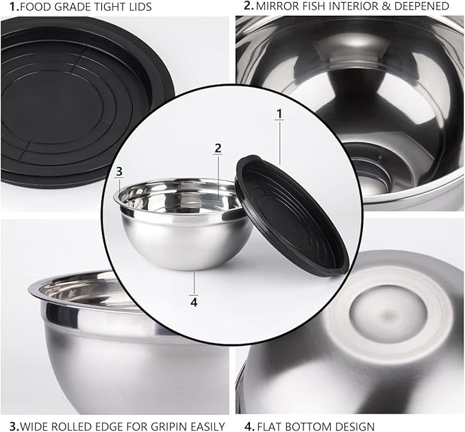 Leidawn Mixing Bowls with Lids set - 25 PCS Stainless Steel Nesting Black Mixing Bowls Set for Baking, Mixing, Serving & Prepping, Size 5, 3.7, 2.8, 2.3, 1.7, 1.1, 0.7QT, 11 Cooking - Image 2