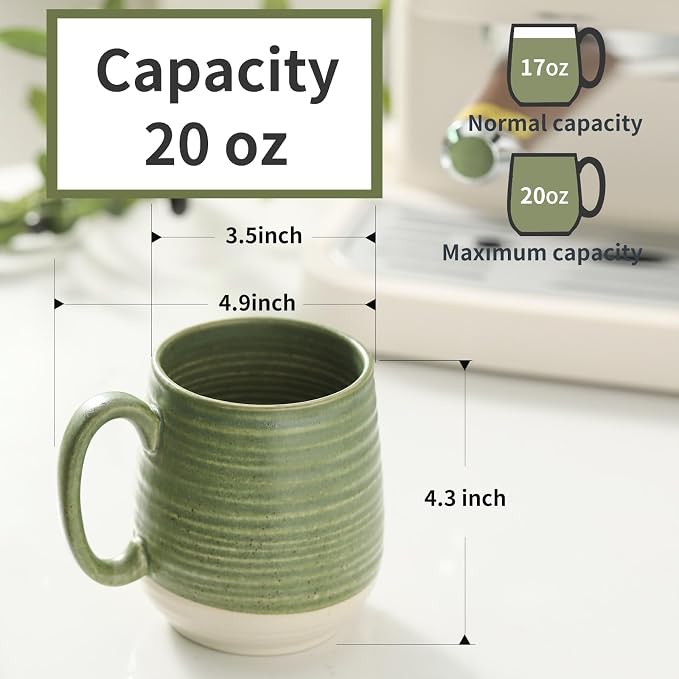 HASENSE 20 oz Coffee Mug, Large Green and Beige Stoneware Cup, Oversized Ceramic Tea Mug with Ergonomic Handle, Microwave and Dishwasher Safe, Perfect for Coffee, Tea, Soup, Hot Cocoa - Image 3
