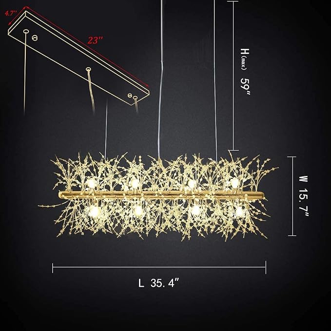 Modern Gold Crystal Firework Chandelier Linear Lighting Fixtures | 35.5" Sputnik Ceiling Light Fixture Rectangular Hanging Pendant Light for Kitchen Island Dining Room Living Room 12-Lights - Image 8