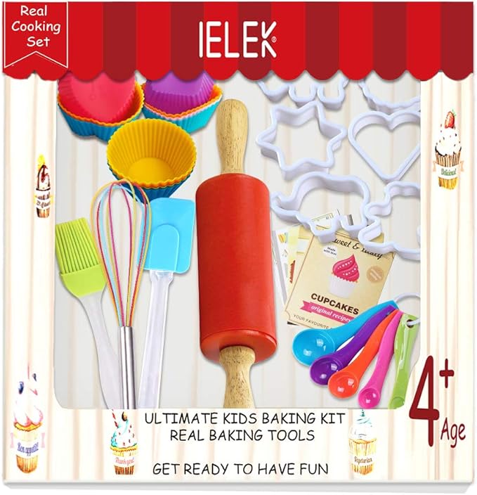 IELEK Real Baking Set Pastry Cooking Kit Supplies Includes Apron,Chef Hat,Oven Mitt,Rolling Pin,Real Baking Tools and Recipes Great Gift for Curious Beginners
