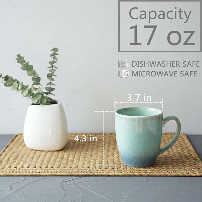 Bosmarlin Ceramic Coffee Mug Set of 4, 17 Oz, Coffee Cups with Big Handle, Microwave Safe, Unique Reactive Glaze (Pale Green, 17 Oz) - Image 2