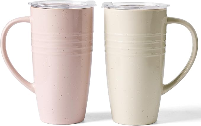 famiware Jupiter Large Coffee Mug, 20oz Coffee Mug with Lid, Ceramic Mugs Set of 2, Cup Set with Handle for Latte, Tea, Cocoa, Milk, Microwave and Dishwasher Safe, Light Pink and Vanilla White by Famiware