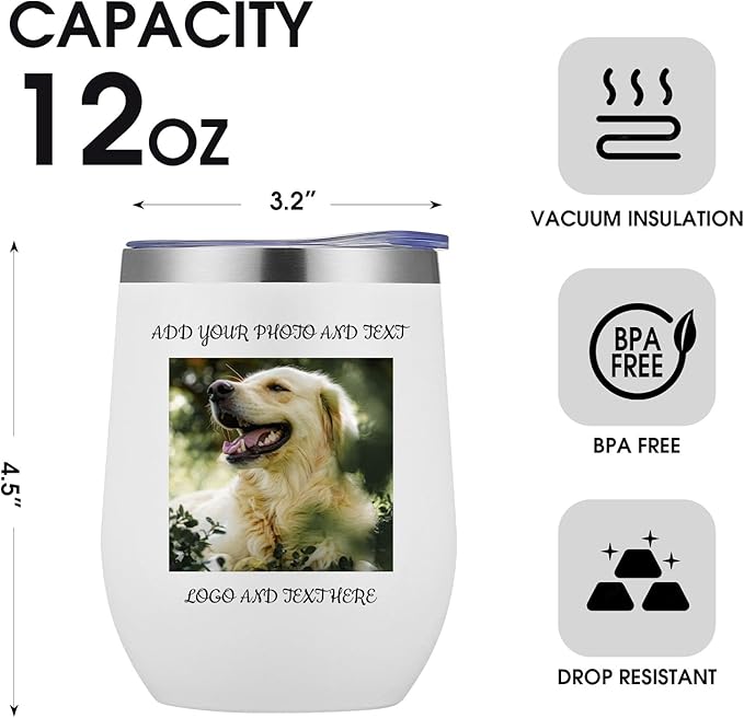 Personalized Wine Tumbler, 12oz Custom Stainless Steel Coffee Mug, Customizable with Picture and Names Engraving,Insulated Tumblers with Lids,Suitable for Woman,Men,Families and Travel