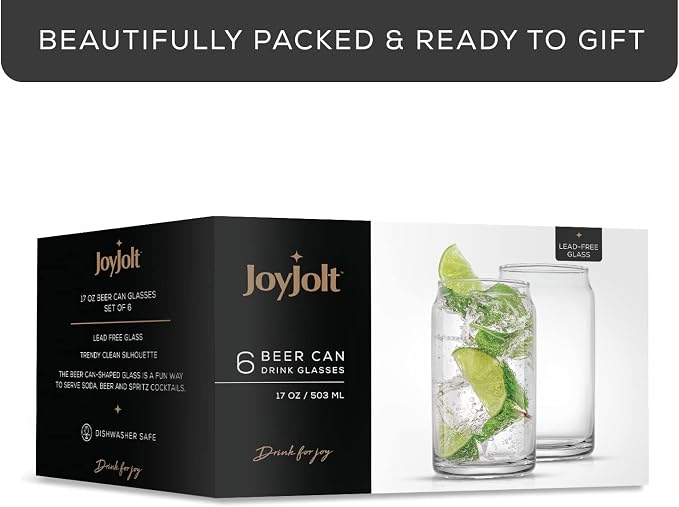 JoyJolt Drinking Glass Cups Set of 6-16oz Beer Can Glasses. Clear Soda Can Shaped Glass Cups, Cute Iced Coffee Cup Tumblers, Cold Drink Glassware, Unique Water, Tea, Cocktail Glass Set - Image 7