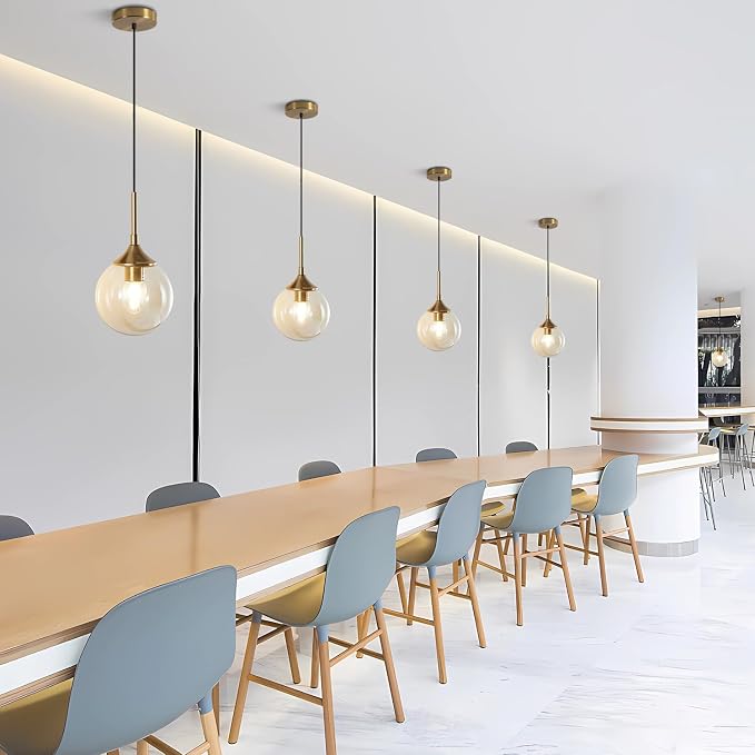 KCO Lighting Mid Century Modern Kitchen Island Pendant Lighting Gold 1-Light Amber Glass Globe Pendant Light Brushed Brass Large Living Room Pendant Light Fixture (2 Pack) - Image 7
