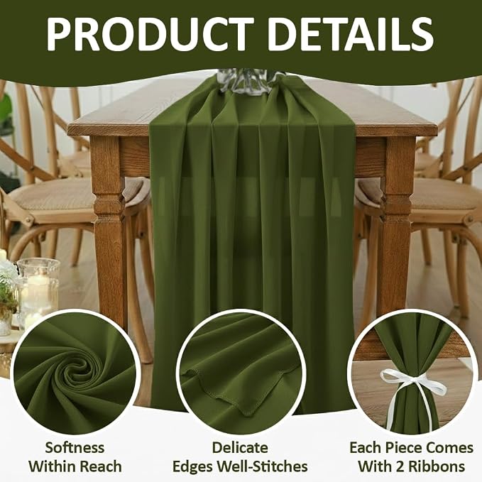 Pack of 12 | Olive Green | 14ft Chiffon Table Runner 29x170 Inches Long Romantic Rustic Sheer Gauze Runner for Wedding Bridal Shower Birthday Banquets Engagement Spring Easter Boho Decorations - Image 5