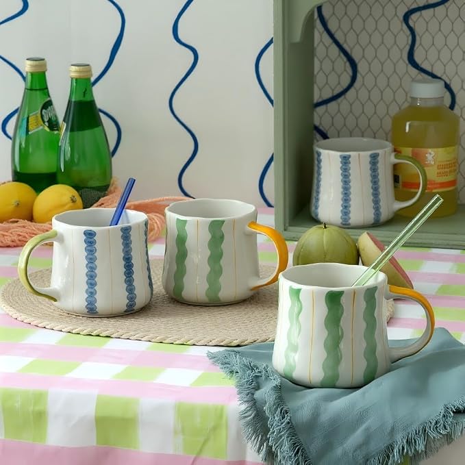 Striped Ceramic Coffee Mug Set of 4 (16oz) - Handmade Look Tea Cups with Yellow/Green Handles, Microwave Safe, Durable Daily Drinkware by DelightsGalore