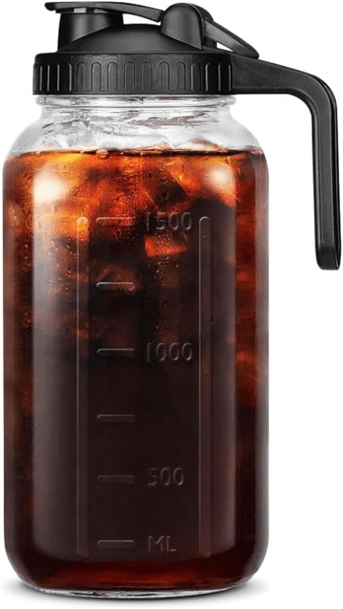 Cold Brew Coffee Maker Jar, Stainless Steel Filter Thick Glass Jar, Iced Coffee Pitcher with Spout Lid and Handle, Dishwasher Safe for Working from Home (2000ml)