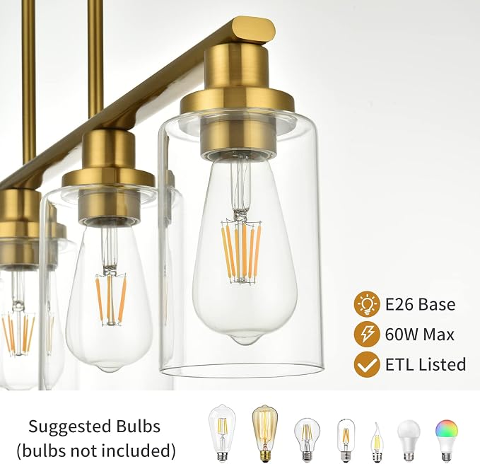 Kitchen Island Lighting, 5-Light Modern Dining Room Light Fixtures Over Table,Farmhouse Gold Linear Chandeliers for Dining Room, Industrial Pendant Lights Fixture with Clear Glass Shade - Image 4