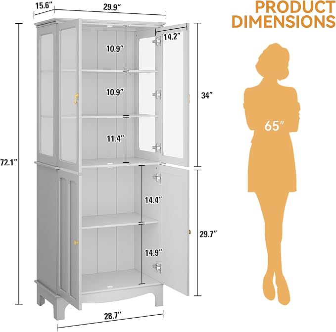 72" Tall Kitchen Pantry Cabinet with Glass Door and Adjustable Shelves, Vintage Food Storage Cabinet for Kitchen, Dining Room, Living Room, White - Image 2