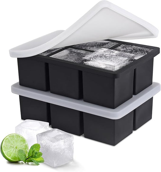 Ice Cube Tray, SLGOL Ice Trays for Freezer with Lid, Easy Release large Ice Cube Molds, Silicone ice cubes mold for Whiskey, Stackable Square Ice Tray for Cocktails Whiskey Juice Coffee 【6 square】