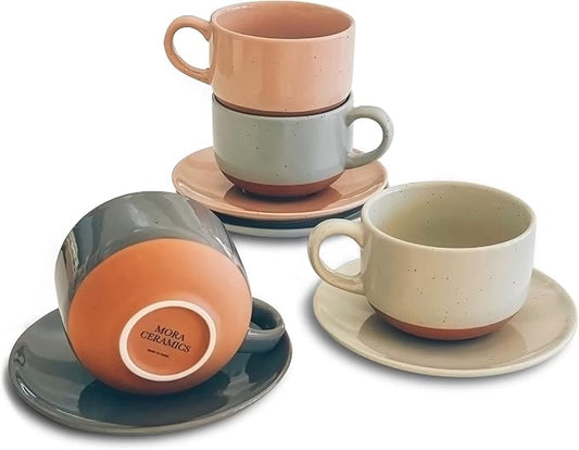Mora Ceramics 8oz Cappuccino Mug Set of 4 - Ceramic Coffee Cups with Saucers - Microwave and Dishwasher Safe, Perfect For Tea, Espresso, Latte - Porcelain Mugs for Kitchen or Cafe - Assorted Neutrals by MORA