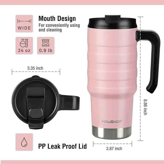 HAUSHOF 24 oz Travel Mug, Stainless Double Wall Vacuum Insulated Tumbler with Handle & Spill Proof Twist On Flip Lid and Wide Mouth, BPA Free (Pink) - Image 2