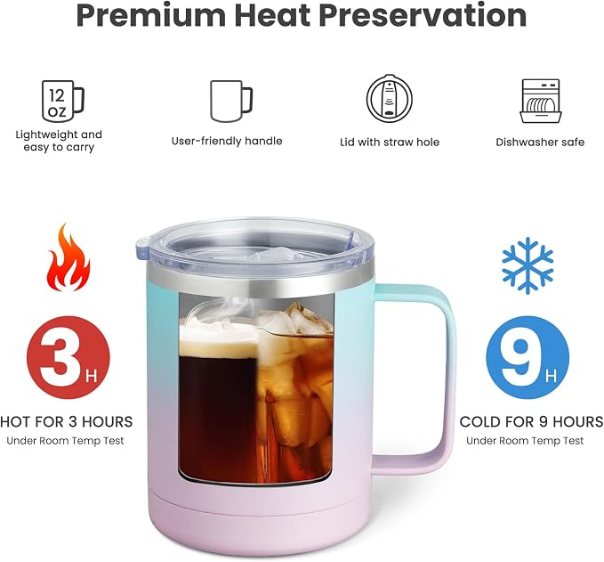 MEWAY 12oz Coffee Mug With Handle and Sliding Lid,Stainless Steel Travel Tumbler Cup with Handle,Double Wall Vacuum Insulated Camping Cup for Hot & Cold Drinks Tea (Bubble Gum,Set of 1) - Image 2