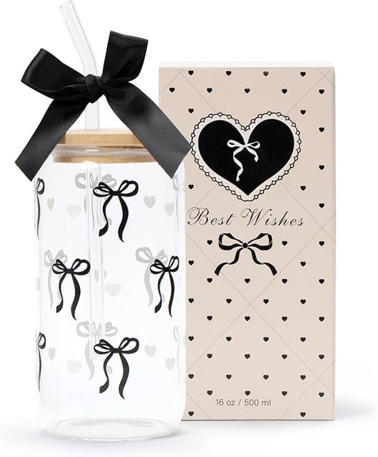 Coquette Black Bow Aesthetic Cup With Gift Box 16oz Glass Cup with Lids Straws and Black Bow Iced Coffee Smoothie Cute Tumbler with Cleaning Brush for Girls Bestfriend Sister Girlfriend