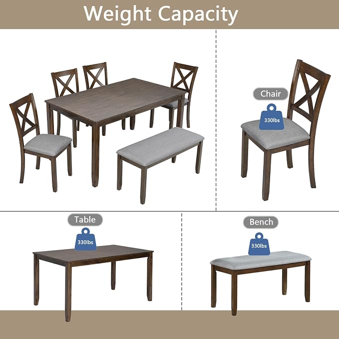6-Piece Dining Table Set with Bench and Chairs - Solid Wood Kitchen Dining Room Table Set in Farmhouse Rustic Style, Table Set for 6 with 4 Chairs and Bench Seat.(Walnut_Large) - Image 6