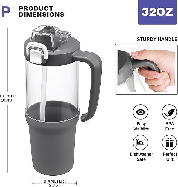 32 oz Glass Tumbler with Handle, 2-in-1 Straw and Sip Spout, Leakproof, BPA-Free Glass Water Bottle for Sports, Office, School, Grey