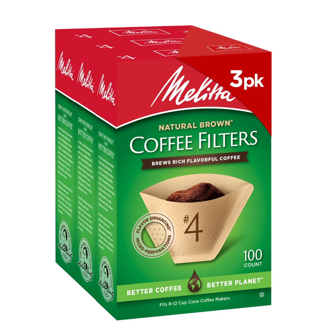 Melitta #4 Natural Brown Cone Coffee Filters – 300 Count (Pack of 3), Fits 8–12 Cup Brewers & Pour Over, Compostable