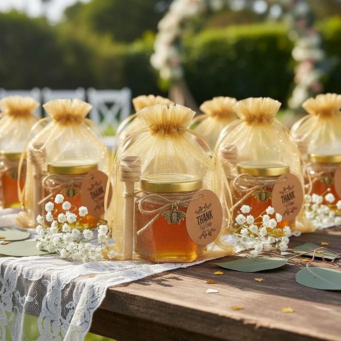 Adabocute Honey Pot 2oz, Mini Glass Honey Jars with Wood Dipper, Gold Lid, Bee Pendants, Beige Gift Bags, Thank-you Tags, Ideal for Baby Showers Favors Wedding Favors, 15 Pack - Image 4