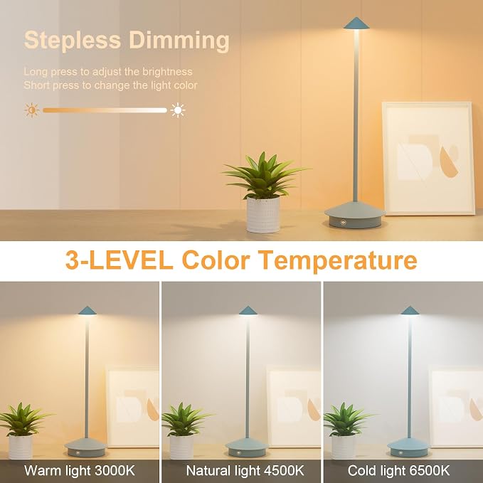 Cordless LED Table Lamps,Portable Battery Desk Lamp,2 Pack,Blue | 6000mAh Rechargeable,3000K/4500K/6000K Touch Stepless Dimming,Aluminum IP54 Waterproof Wireless Lighting for Outdoor/Indoor - Image 2