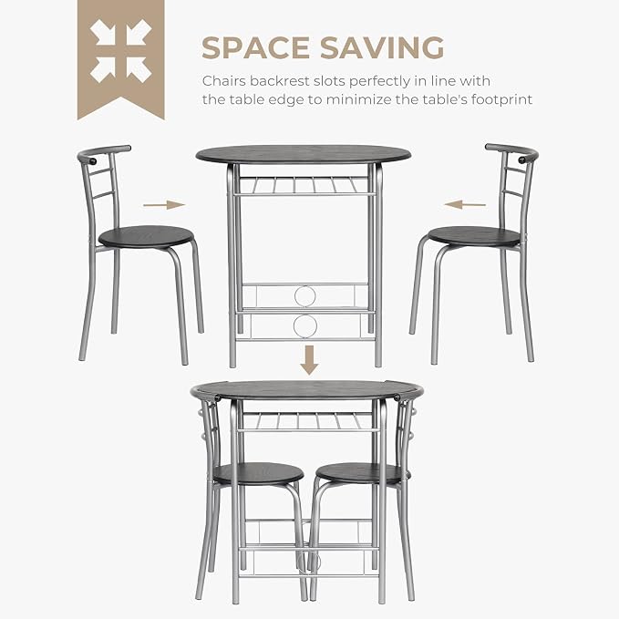 VINGLI 3 Piece Dining Set,Small Kitchen Table Set for 2,Breakfast Table Set,Kitchen Wooden Table and 2 Chairs for Small Space/Dining Room/Apartment,Metal Frame,Wine Rack,Sliver&Black - Image 5