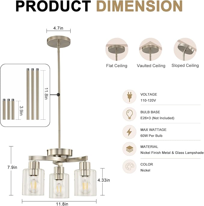 Modern Dining Room Chandelier, 3-Light Brushed Nickel Pendant Light | Industrial Pendant Light, Clear Glass Shade, Adjustable Height, E26, Dimmable - Image 4