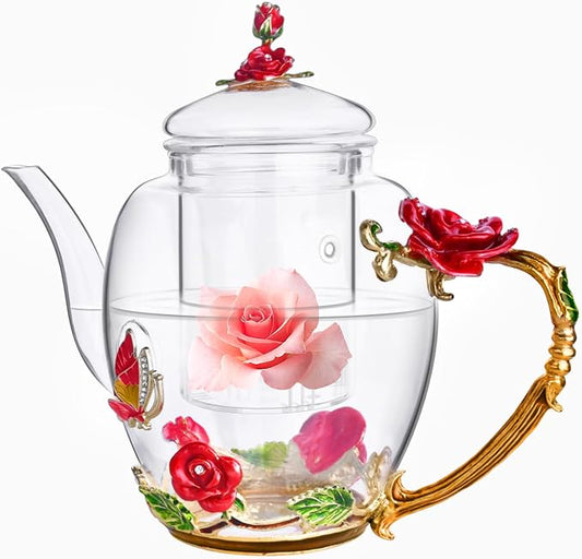 Enamel Glass Flower Tea Pot With Removable Loose Tea Leaf Infuser Tea Maker Teapot Set 30.4OZ Gifts for Women,Mom,Birthday | Tea Maker With Removable Loose Tea Leaf Infuser,Teapot Set,Heat & Cold Resistant,Shatterproof by OEAGO