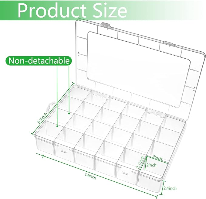 Large 24 Grids Plastic Organizer Box Adjustable Dividers,Clear Storage Box for Jewelry, Art DIY Crafts, Washi Tapes, Beads and Small Parts(2 Pack)