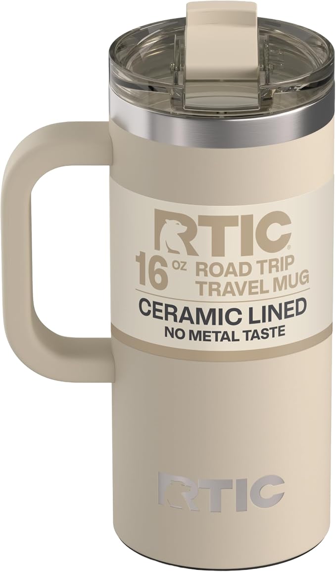 RTIC 16oz Road Trip Travel Mug with Lid and Handle, Ceramic Lined, Beach | Stainless Steel Metal, Insulated Travel Cup for Hot and Cold Drinks, Coffee, Car, Camping and Travel by RTIC