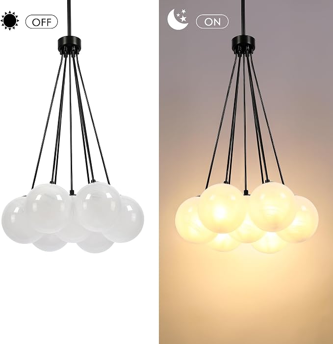 Modern Globe Black Chandelier Milky Glass Shade Sputnik Ceiling Light Fixture, Mid Century Bubble Dining Room Pendant Light, Hanging Island Light for Kitchen Bedroom Entryway Over Table - Image 6