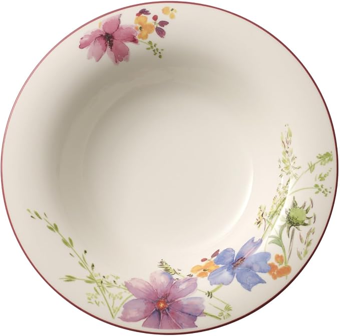 Villeroy & Boch Mariefleur Basic Rim Soup, 9 in, Premium Porcelain, White/Multicolored | White multicolor porcelain soup plate, made in Germany, dishwasher and microwave safe, drip-free serving for soup by Unknown