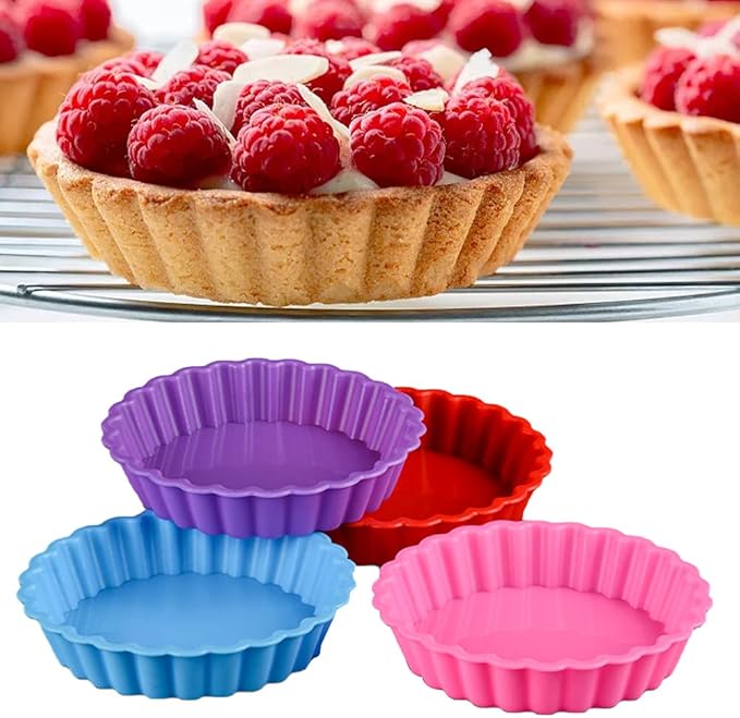 8 Pack Silicone Tart and Pie Molds, 4.2 Inches Round Baking Molds, Small Fluted Cake Pans Mini Quiche Tart Pans for Baking Pies, Tarts, Cakes, Small Dessert DIY (Random Color)