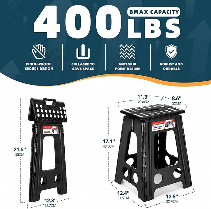 ACSTEP 17.5 Inch Heavy Duty Folding Step Stool for Adults, 400 lbs, Black | Collapsible Stepping Stool for Adults with Handle and Non-Slip Surface, for Kitchen, Garage, Bedroom and Outdoor Tasks - Image 6