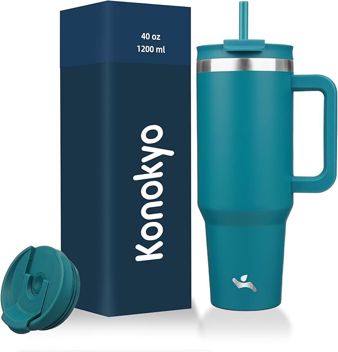 Konokyo 40 oz Insulated Tumbler Water Bottle with Handle, Straw Lid | BPA-free and dishwasher safe; made for gym, travel, coffee and gifting, 2 straws, cup holder friendly,Blue by Konokyo