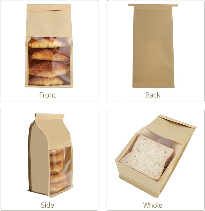50pcs Bakery Bags with Window, 5.1x4.3x11 Inches Cookie Bags for Packaging, Brown Kraft Paper Tin Tie Tab Lock Bag for Bun, Candy, Nuts, Coffee Bean, Cookie for Gift Giving - Image 4