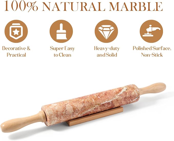 Marble Rolling Pin, Non-Stick Polished Dough Roller, Pasta, Dumpling, Ravioli, Fondant,Pie Crust, Kitchen Baking Pastry Tools Red Marble - Image 3