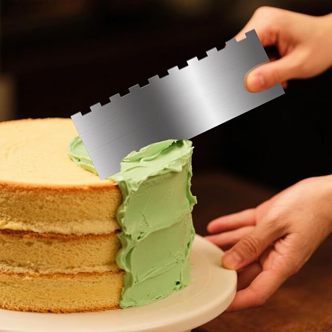 Stainless Steel Cake Scraper Cake Smoother Cake Decorating Comb Double Sided Patterned Edge Stripe Edge Smoother 8.6 Inch Metal Cake Scraper for Mousse Butter Cream Frosting Scraper Pastry Cutter